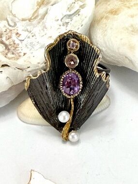 Artist Designed Amethyst Pearl Sterling Silver & 14k Palm leaf Ring
